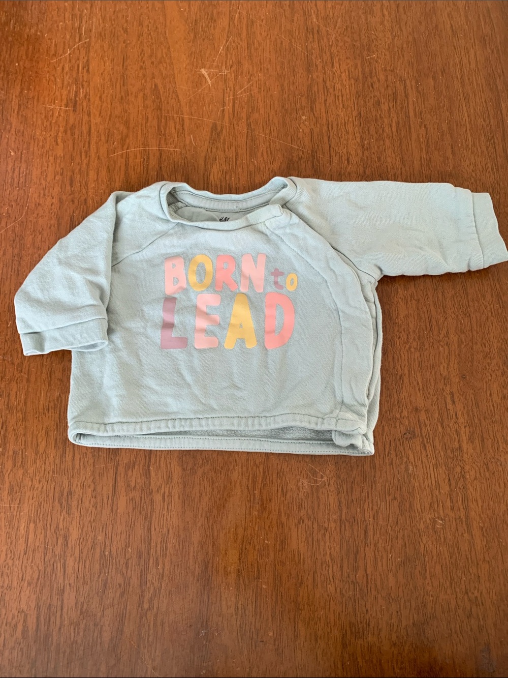 🍓3/$10 H&M Light Teal Baby Sweatshirt with Multicolor "Born to Lead" Graphic